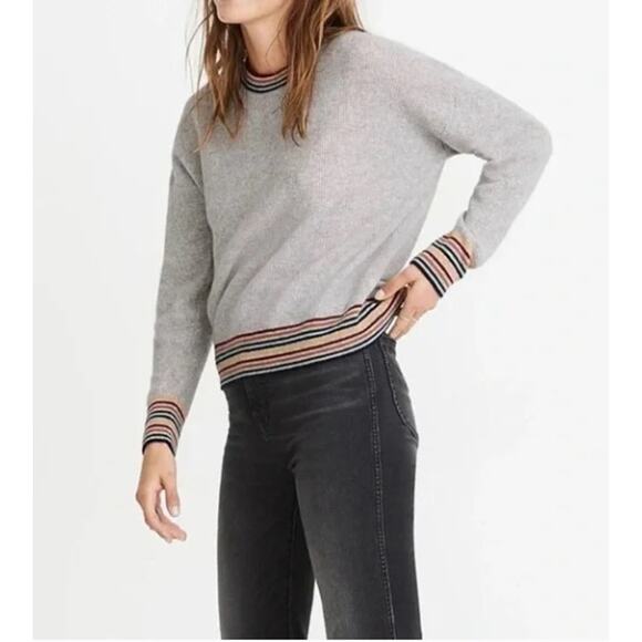 Madewell 100% Cashmere Sweater Rainbow-Trim Sweatshirt Cloud Gray Long Sleeve S - Picture 2 of 6